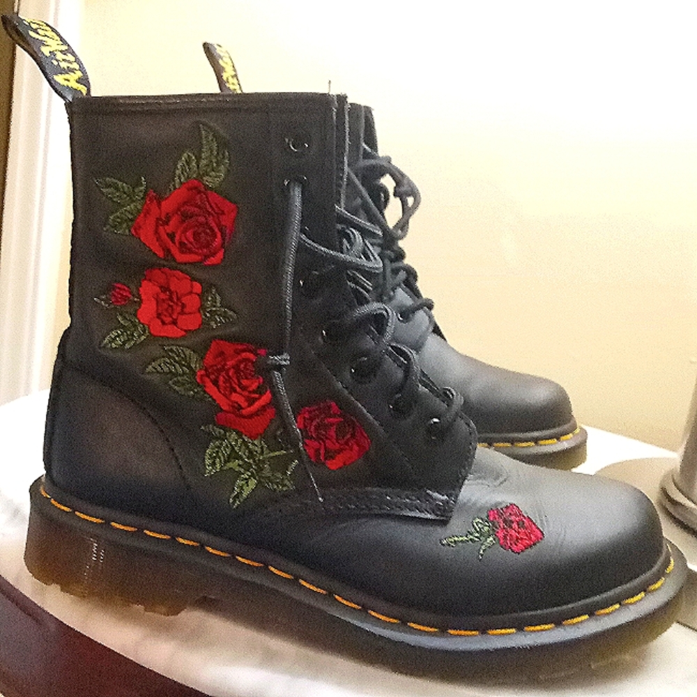 Women's doc martens leather boots with roses embroidered on the side